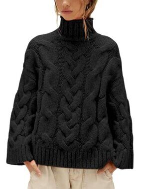 Womens Chunky Cable Knit Turtleneck Sweater Oversized Fall